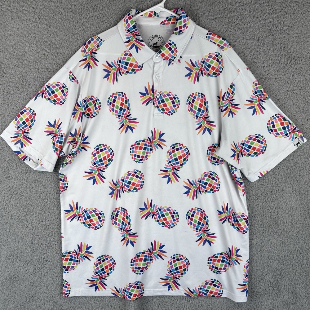Proud 90 Ninety Golf Polo‎ Shirt Men 2X White Colorful Pineapple AOP Stretch